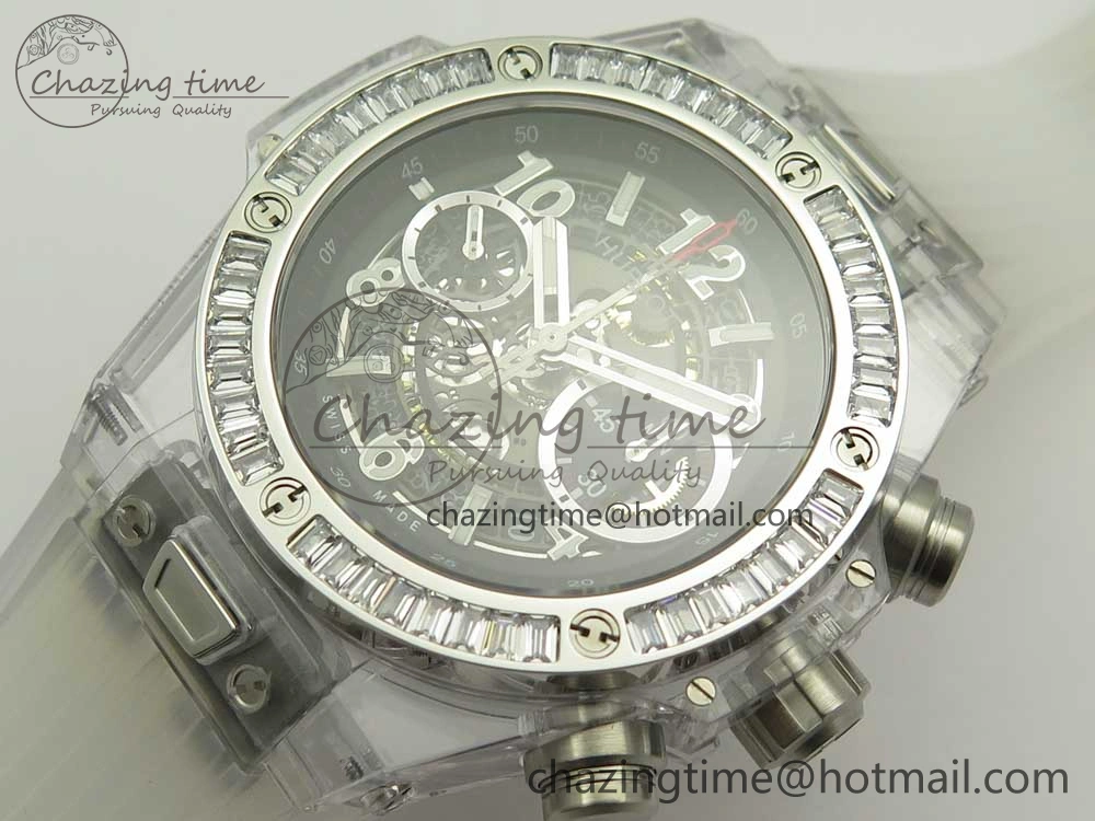 Colorful Big Bang Unico Magic Sapphire 45mm OXF Best Edition Skeleton Dial Diamonds Bezel on White Rubber Strap A 6849
