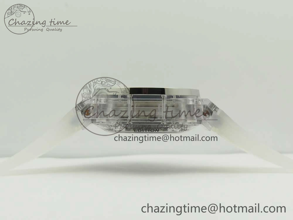 Colorful Big Bang Unico Magic Sapphire 45mm OXF Best Edition Skeleton Dial Diamonds Bezel on White Rubber Strap A 6849