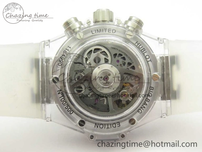 Colorful Big Bang Unico Magic Sapphire 45mm OXF Best Edition Skeleton Dial Diamonds Bezel on White Rubber Strap A 6849
