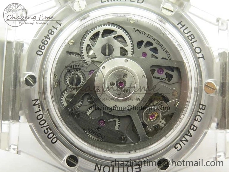 Colorful Big Bang Unico Magic Sapphire 45mm OXF Best Edition Skeleton Dial Diamonds Bezel on White Rubber Strap A 6849