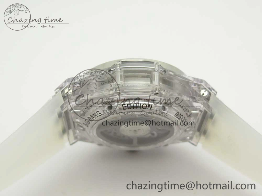 Colorful Big Bang Unico Magic Sapphire 45mm OXF Best Edition Skeleton Dial Diamonds Bezel on White Rubber Strap A 6849