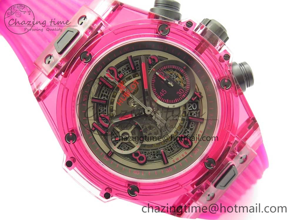 Vibrant Big Bang Unico Magic Sapphire Pink 45mm OXF Best Edition Skeleton Dial on Pink Rubber Strap A 6846