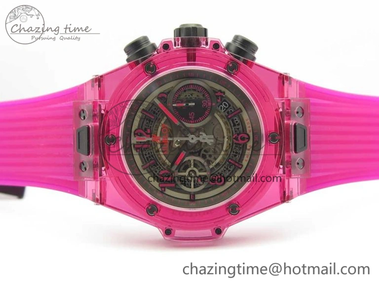 Vibrant Big Bang Unico Magic Sapphire Pink 45mm OXF Best Edition Skeleton Dial on Pink Rubber Strap A 6846