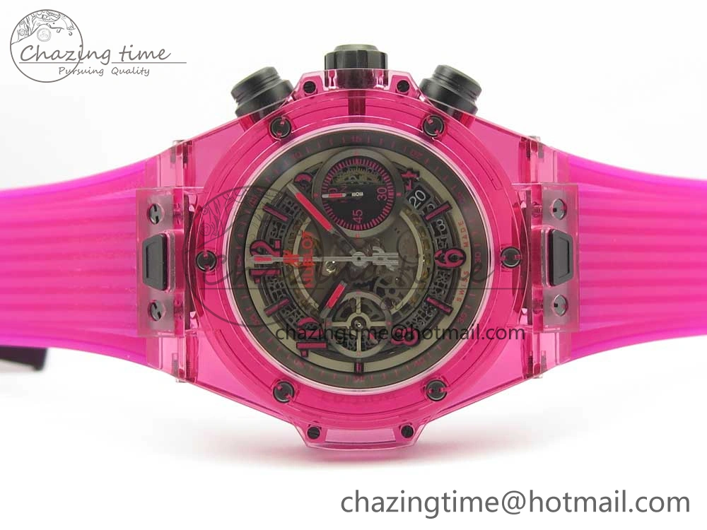 Vibrant Big Bang Unico Magic Sapphire Pink 45mm OXF Best Edition Skeleton Dial on Pink Rubber Strap A 6846