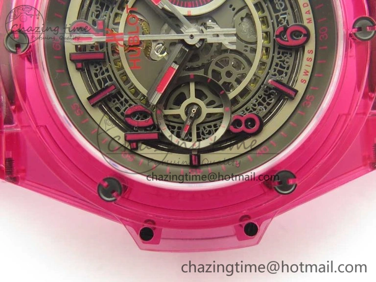 Vibrant Big Bang Unico Magic Sapphire Pink 45mm OXF Best Edition Skeleton Dial on Pink Rubber Strap A 6846