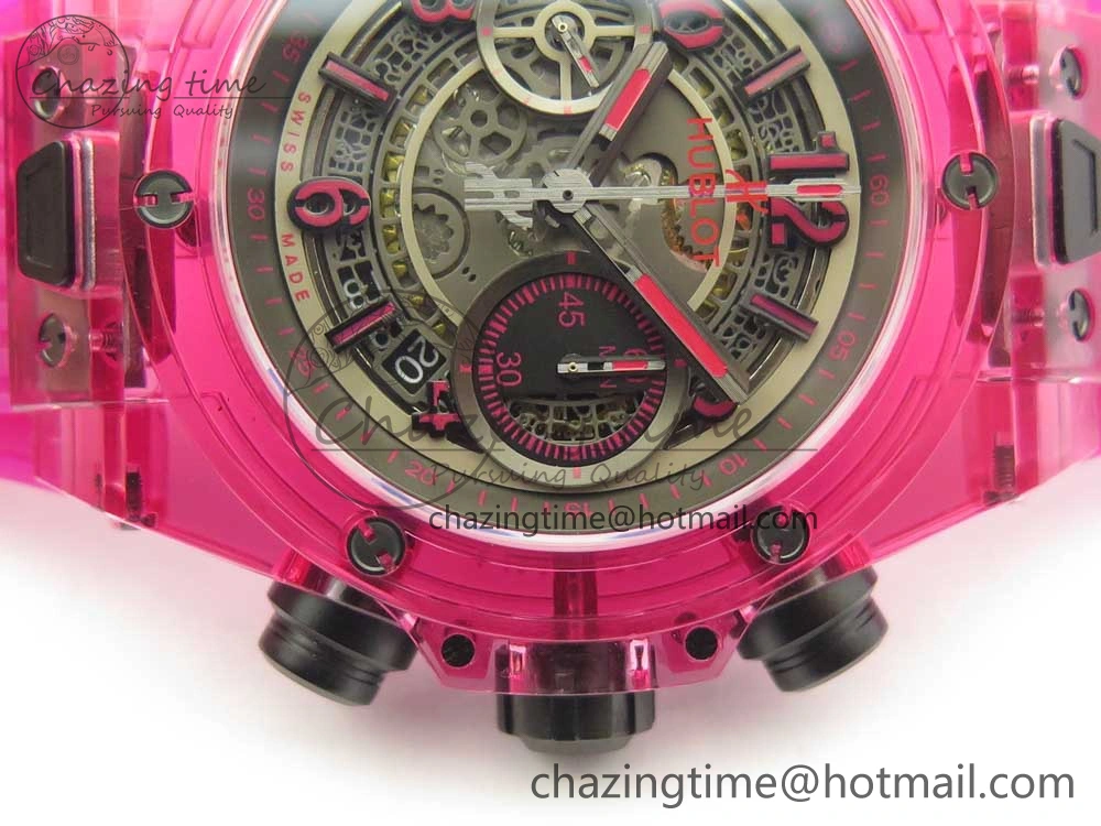 Vibrant Big Bang Unico Magic Sapphire Pink 45mm OXF Best Edition Skeleton Dial on Pink Rubber Strap A 6846