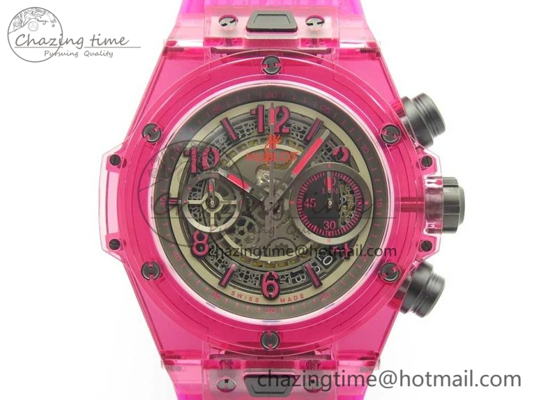 Vibrant Big Bang Unico Magic Sapphire Pink 45mm OXF Best Edition Skeleton Dial on Pink Rubber Strap A 6846