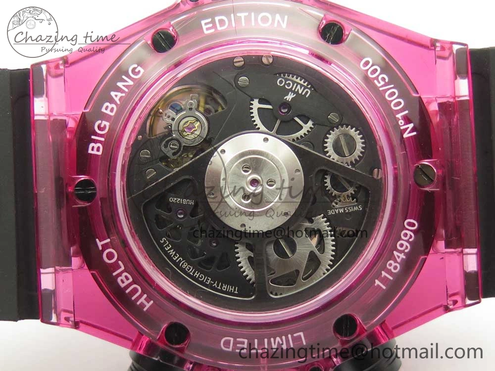 Breathable Big Bang Unico Purple Magic Sapphire 45mm OXF Best Edition Crystal Bezel Skeleton Dial on Black Rubber Strap A 6843