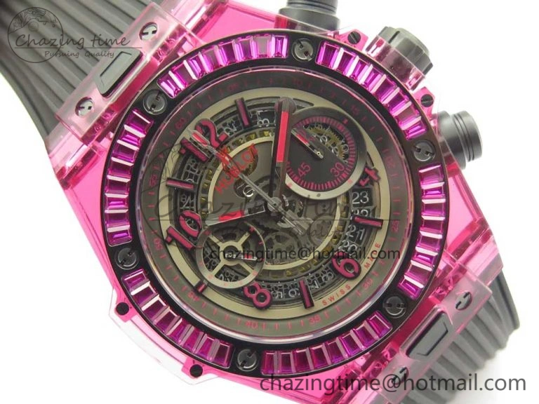 Breathable Big Bang Unico Purple Magic Sapphire 45mm OXF Best Edition Crystal Bezel Skeleton Dial on Black Rubber Strap A 6843