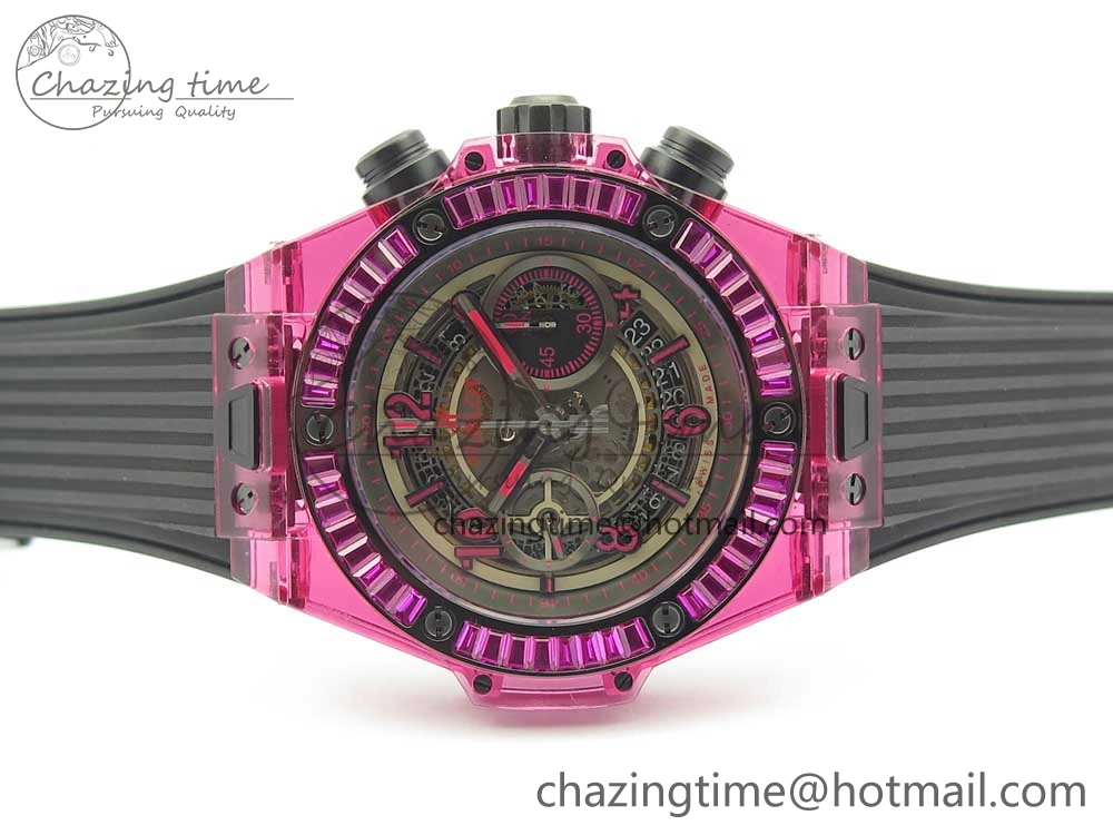 Breathable Big Bang Unico Purple Magic Sapphire 45mm OXF Best Edition Crystal Bezel Skeleton Dial on Black Rubber Strap A 6843