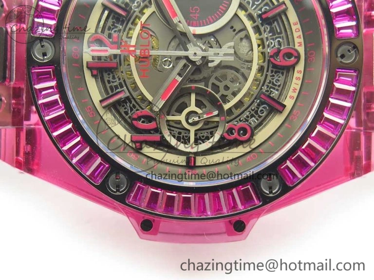 Breathable Big Bang Unico Purple Magic Sapphire 45mm OXF Best Edition Crystal Bezel Skeleton Dial on Black Rubber Strap A 6843
