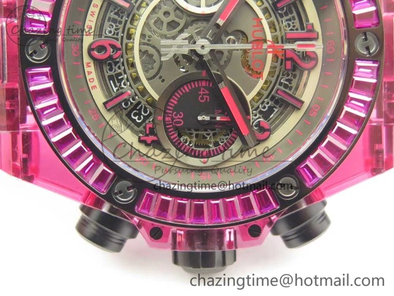 Breathable Big Bang Unico Purple Magic Sapphire 45mm OXF Best Edition Crystal Bezel Skeleton Dial on Black Rubber Strap A 6843