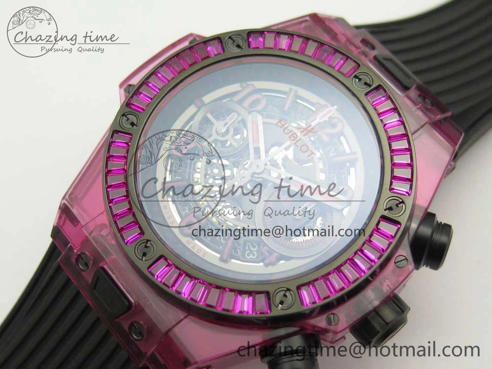 Breathable Big Bang Unico Purple Magic Sapphire 45mm OXF Best Edition Crystal Bezel Skeleton Dial on Black Rubber Strap A 6843