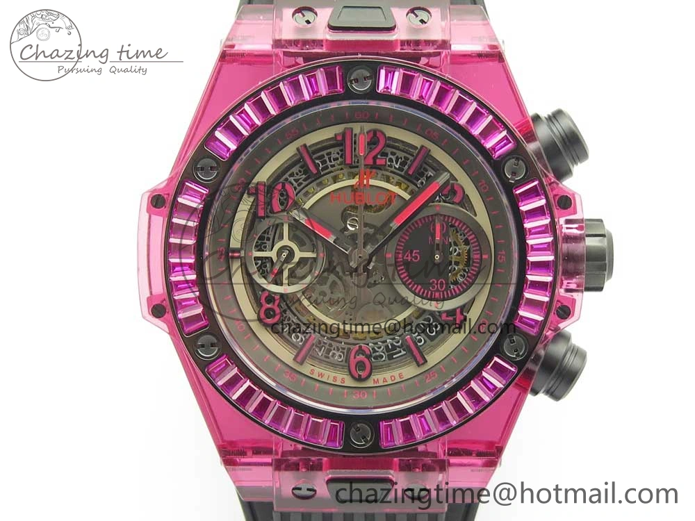 Breathable Big Bang Unico Purple Magic Sapphire 45mm OXF Best Edition Crystal Bezel Skeleton Dial on Black Rubber Strap A 6843