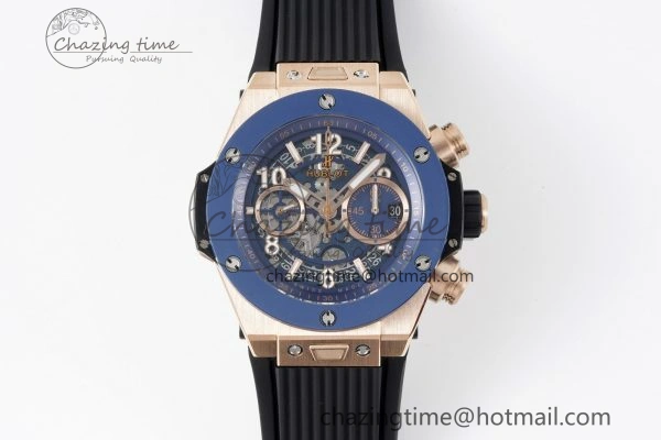 Big Bang Unico RG 45mm BBF 1:1 Best Edition Blue Ceramic Bezel Skeleton Dial on Black Rubber Strap A NewStyle 6757