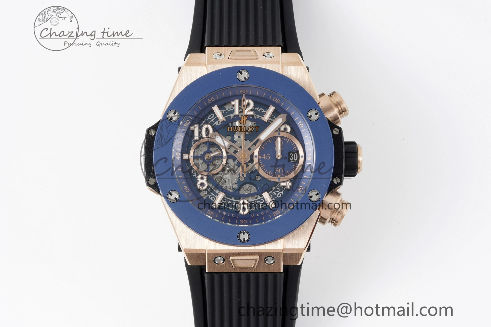 Big Bang Unico RG 45mm BBF 1:1 Best Edition Blue Ceramic Bezel Skeleton Dial on Black Rubber Strap A NewStyle 6757