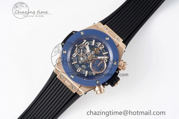 Big Bang Unico RG 45mm BBF 1:1 Best Edition Blue Ceramic Bezel Skeleton Dial on Black Rubber Strap A NewStyle 6757