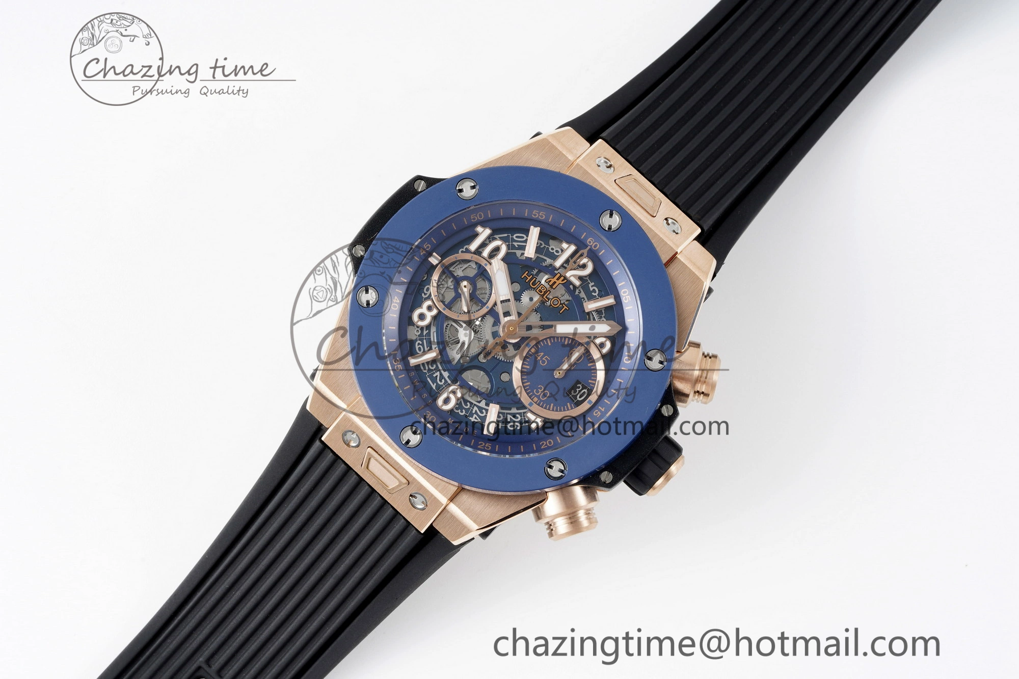 Big Bang Unico RG 45mm BBF 1:1 Best Edition Blue Ceramic Bezel Skeleton Dial on Black Rubber Strap A NewStyle 6757