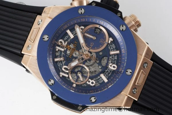 Big Bang Unico RG 45mm BBF 1:1 Best Edition Blue Ceramic Bezel Skeleton Dial on Black Rubber Strap A NewStyle 6757