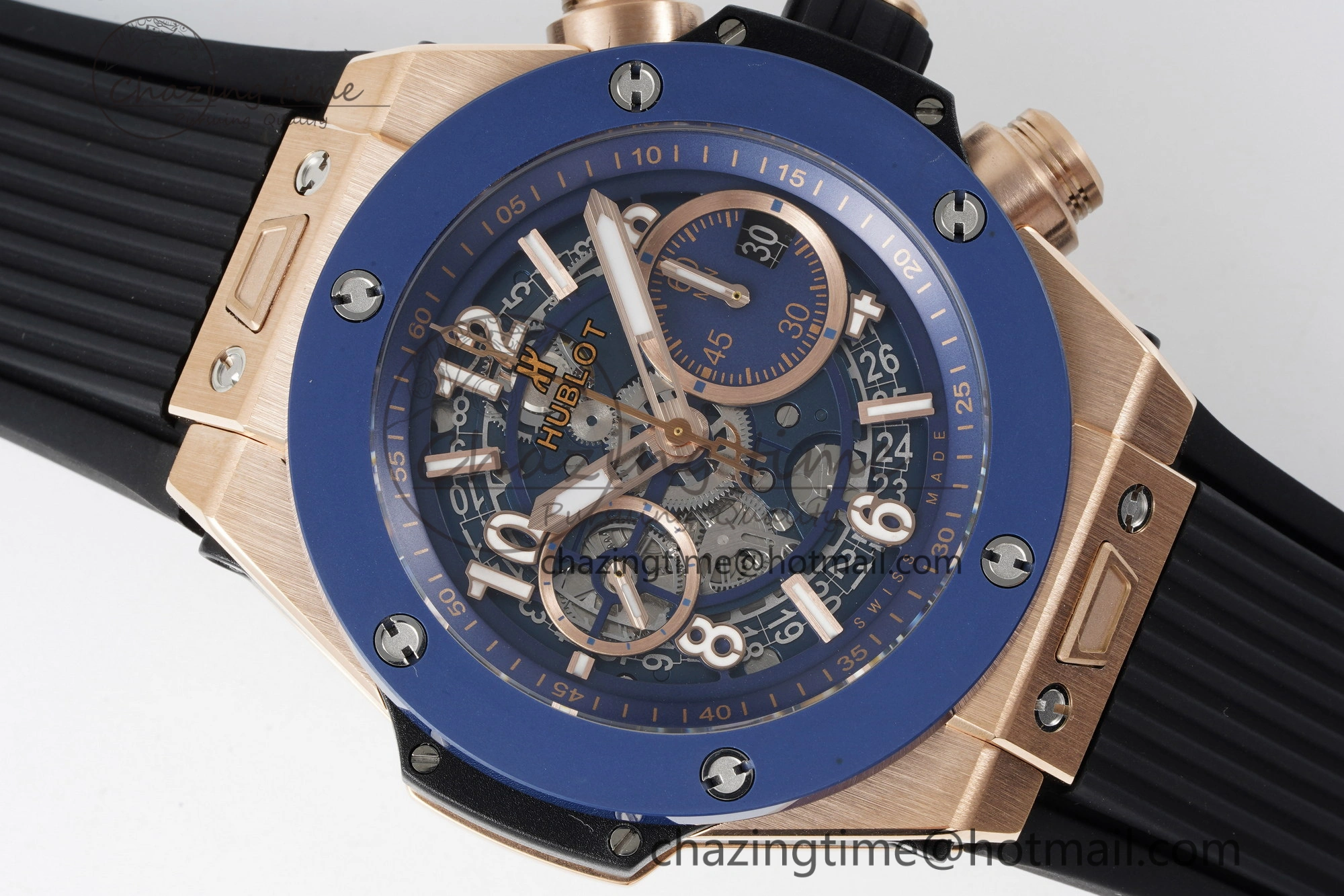Big Bang Unico RG 45mm BBF 1:1 Best Edition Blue Ceramic Bezel Skeleton Dial on Black Rubber Strap A NewStyle 6757