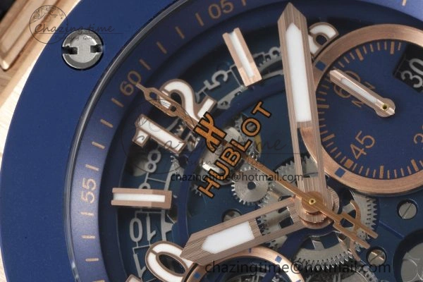 Big Bang Unico RG 45mm BBF 1:1 Best Edition Blue Ceramic Bezel Skeleton Dial on Black Rubber Strap A NewStyle 6757