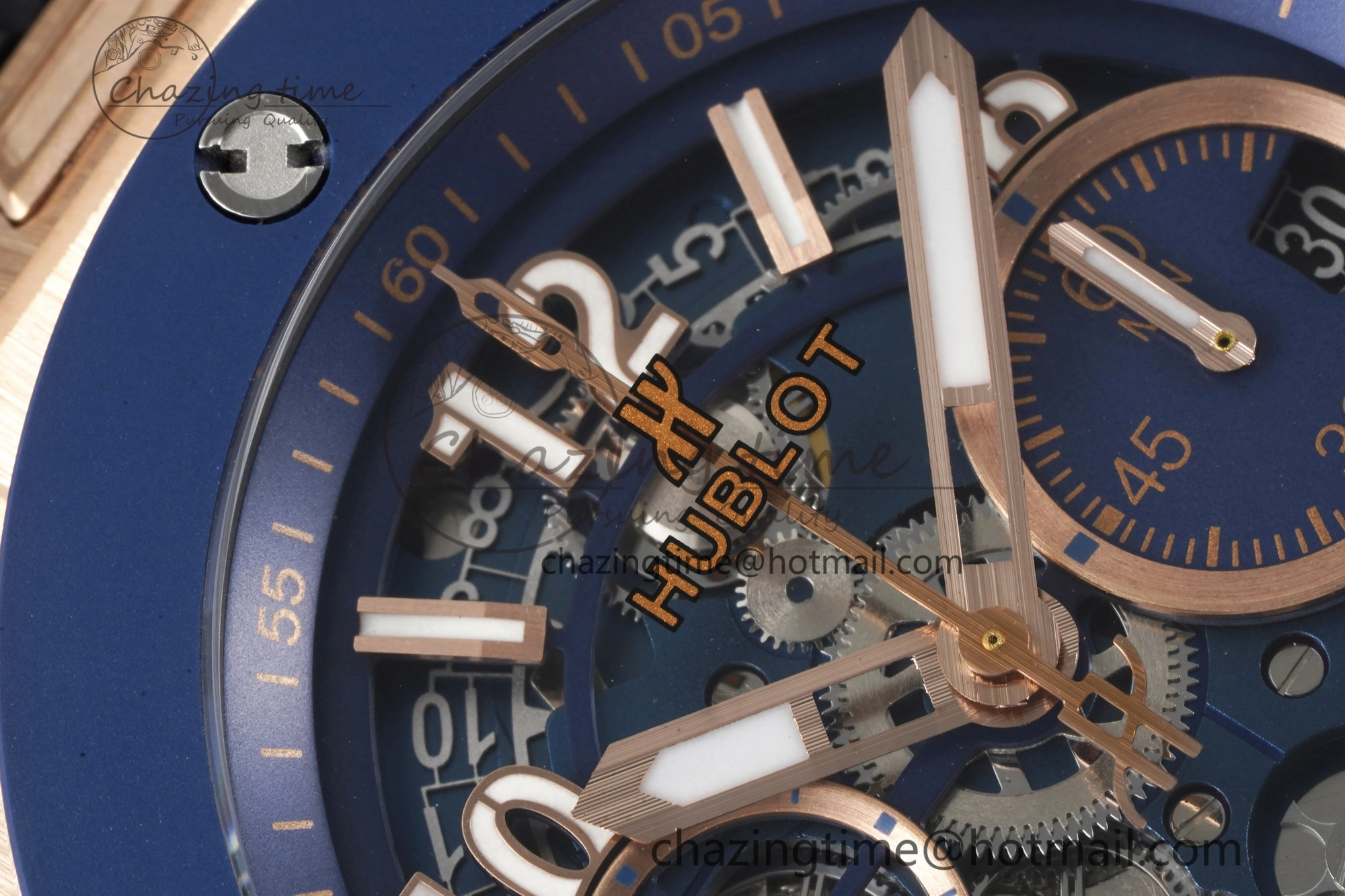 Big Bang Unico RG 45mm BBF 1:1 Best Edition Blue Ceramic Bezel Skeleton Dial on Black Rubber Strap A NewStyle 6757