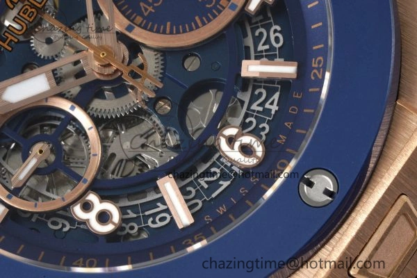Big Bang Unico RG 45mm BBF 1:1 Best Edition Blue Ceramic Bezel Skeleton Dial on Black Rubber Strap A NewStyle 6757