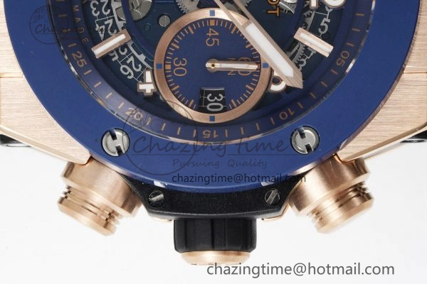 Big Bang Unico RG 45mm BBF 1:1 Best Edition Blue Ceramic Bezel Skeleton Dial on Black Rubber Strap A NewStyle 6757