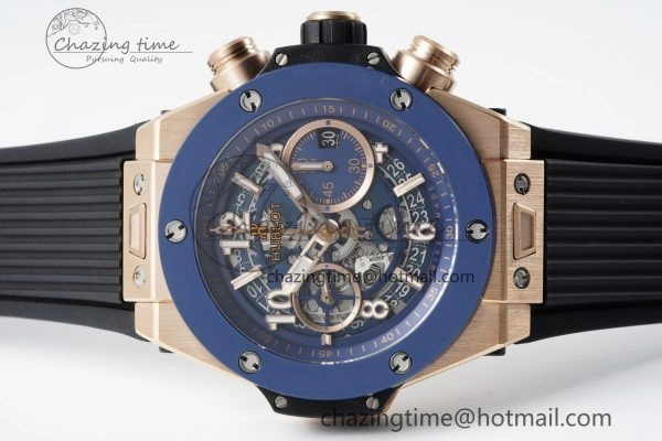 Big Bang Unico RG 45mm BBF 1:1 Best Edition Blue Ceramic Bezel Skeleton Dial on Black Rubber Strap A NewStyle 6757