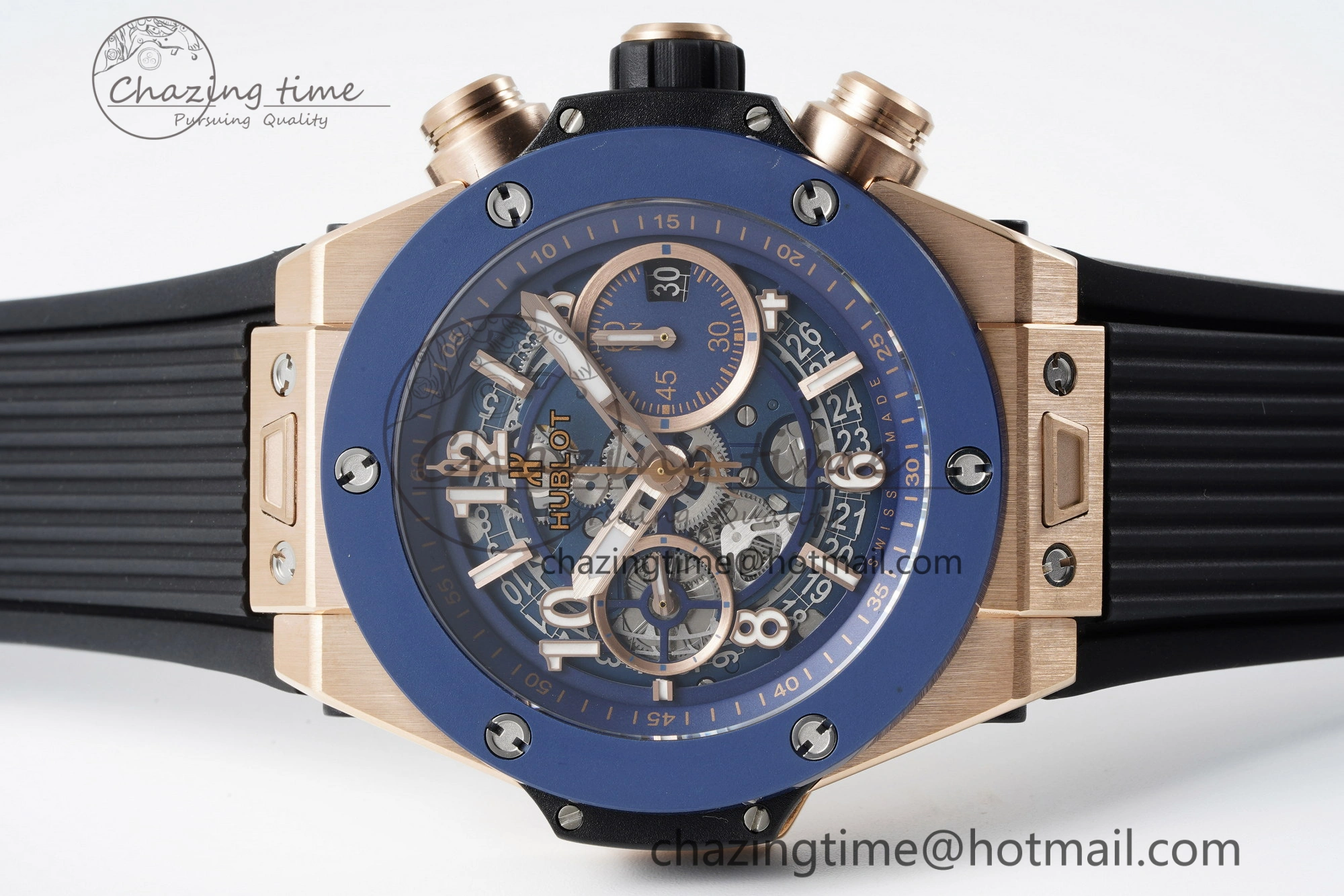 Big Bang Unico RG 45mm BBF 1:1 Best Edition Blue Ceramic Bezel Skeleton Dial on Black Rubber Strap A NewStyle 6757