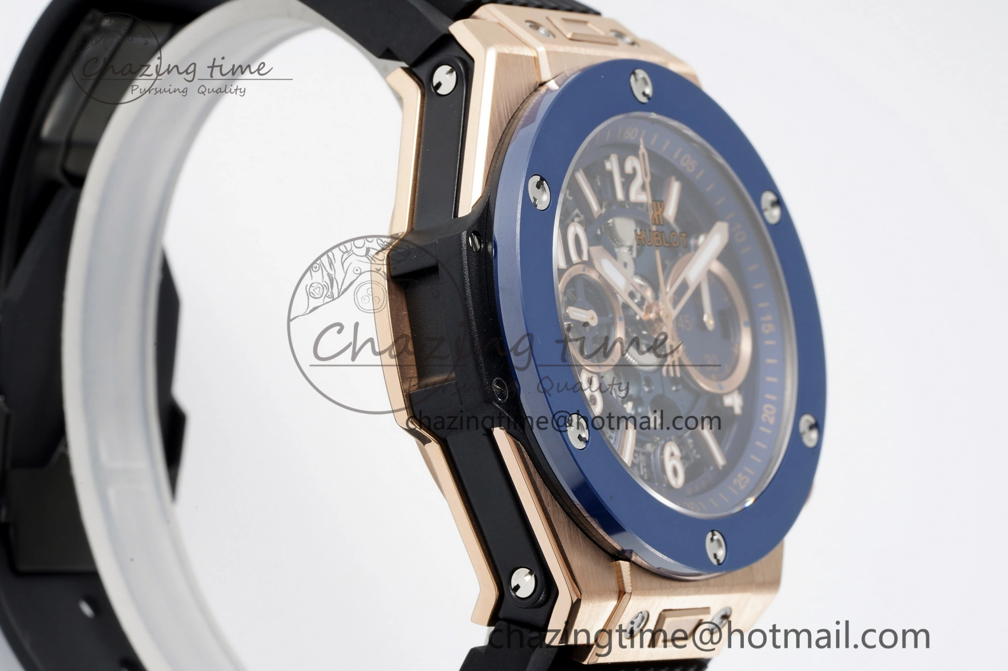 Big Bang Unico RG 45mm BBF 1:1 Best Edition Blue Ceramic Bezel Skeleton Dial on Black Rubber Strap A NewStyle 6757