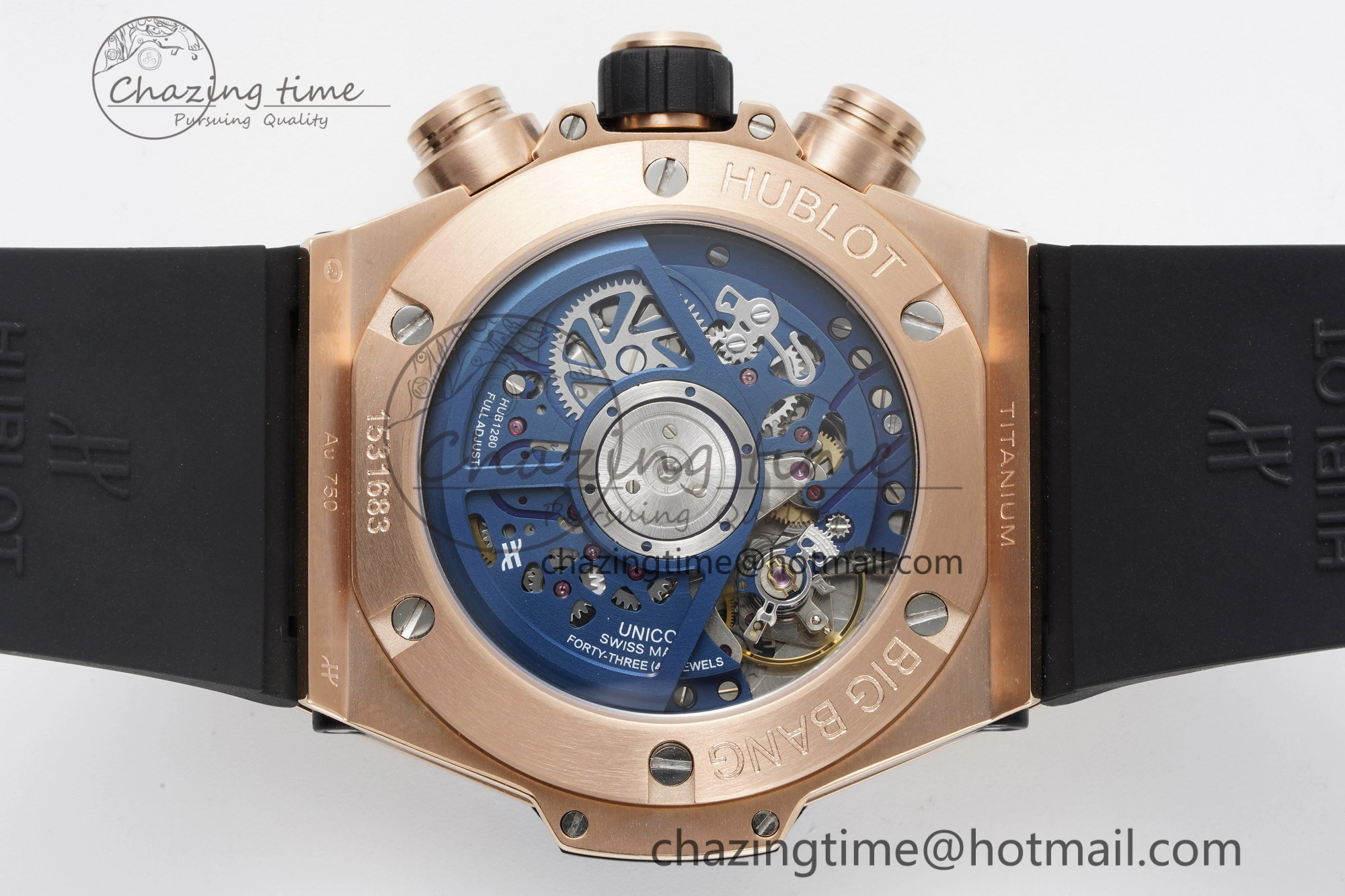 Big Bang Unico RG 45mm BBF 1:1 Best Edition Blue Ceramic Bezel Skeleton Dial on Black Rubber Strap A NewStyle 6757