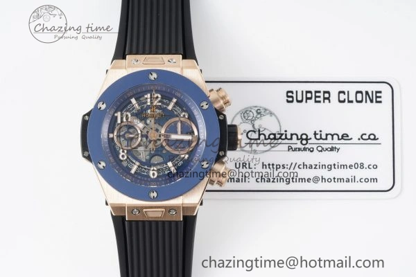 Big Bang Unico RG 45mm BBF 1:1 Best Edition Blue Ceramic Bezel Skeleton Dial on Black Rubber Strap A NewStyle 6757