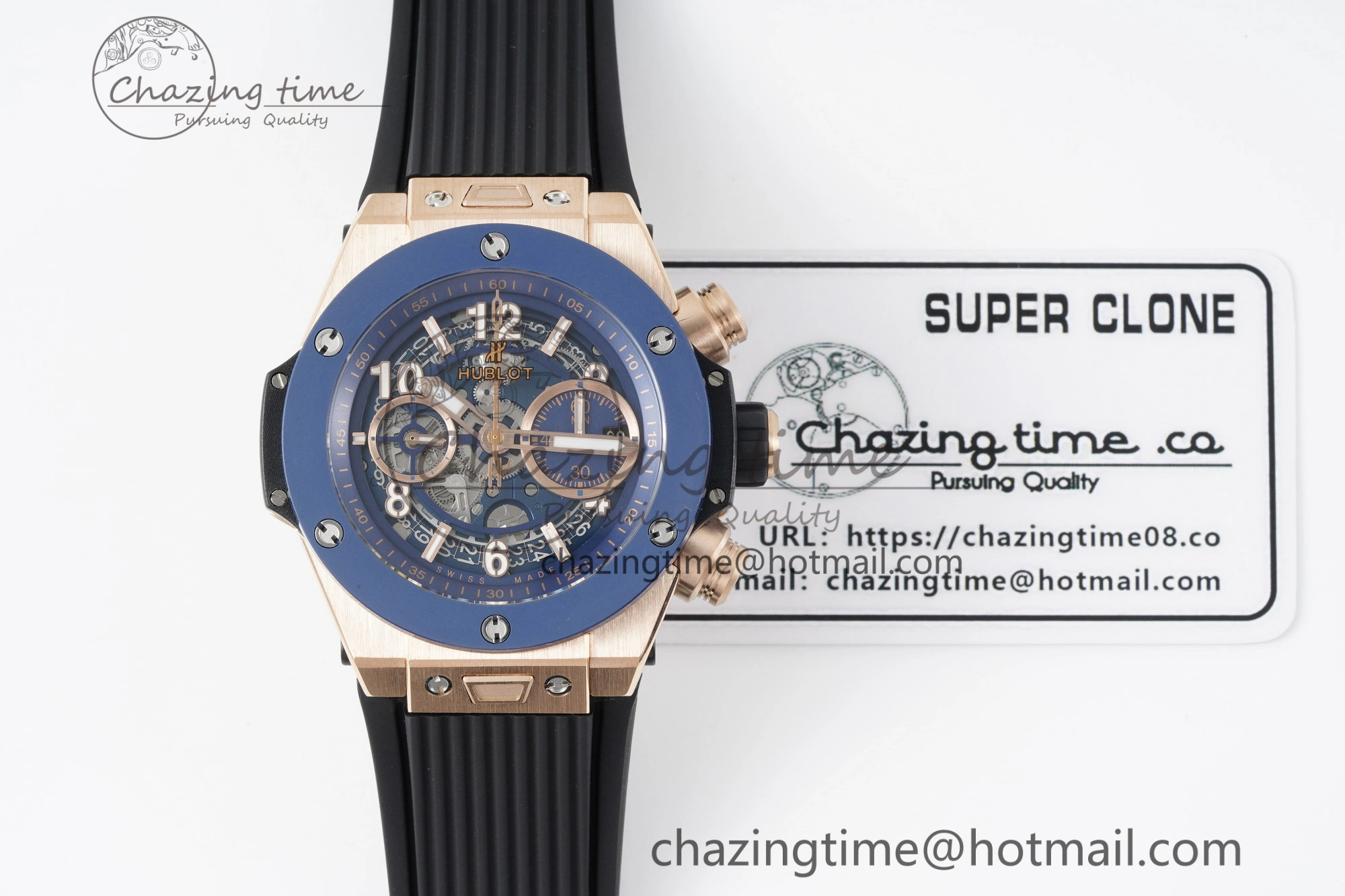 Big Bang Unico RG 45mm BBF 1:1 Best Edition Blue Ceramic Bezel Skeleton Dial on Black Rubber Strap A NewStyle 6757