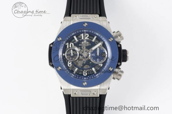 Big Bang Unico SS 45mm BBF 1:1 Best Edition Blue Ceramic Bezel Skeleton Dial on Black Rubber Strap A FreshLook 6758
