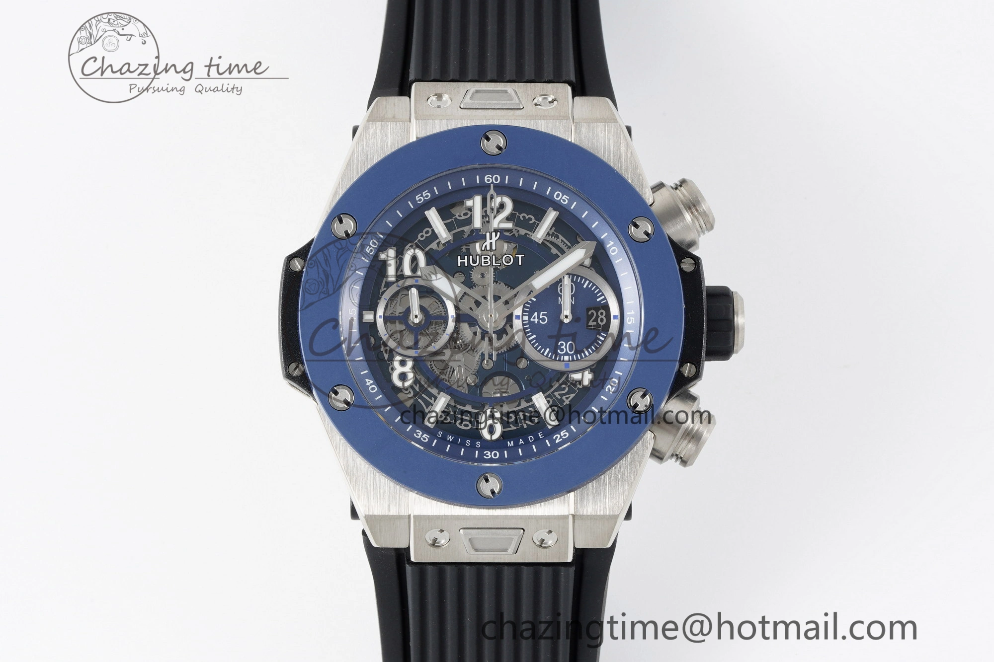 Big Bang Unico SS 45mm BBF 1:1 Best Edition Blue Ceramic Bezel Skeleton Dial on Black Rubber Strap A FreshLook 6758