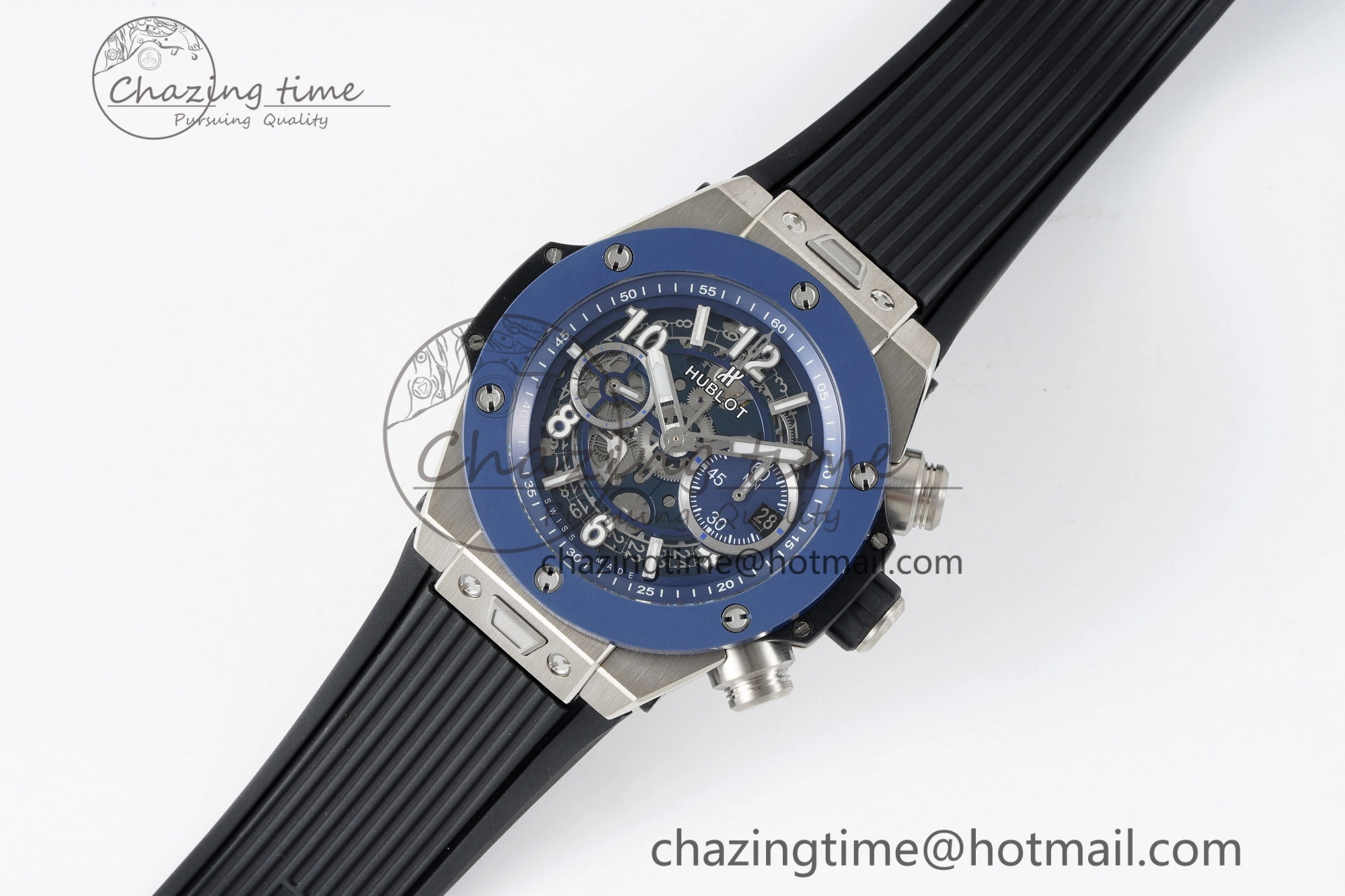 Big Bang Unico SS 45mm BBF 1:1 Best Edition Blue Ceramic Bezel Skeleton Dial on Black Rubber Strap A FreshLook 6758