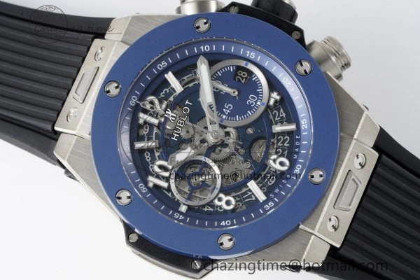 Big Bang Unico SS 45mm BBF 1:1 Best Edition Blue Ceramic Bezel Skeleton Dial on Black Rubber Strap A FreshLook 6758