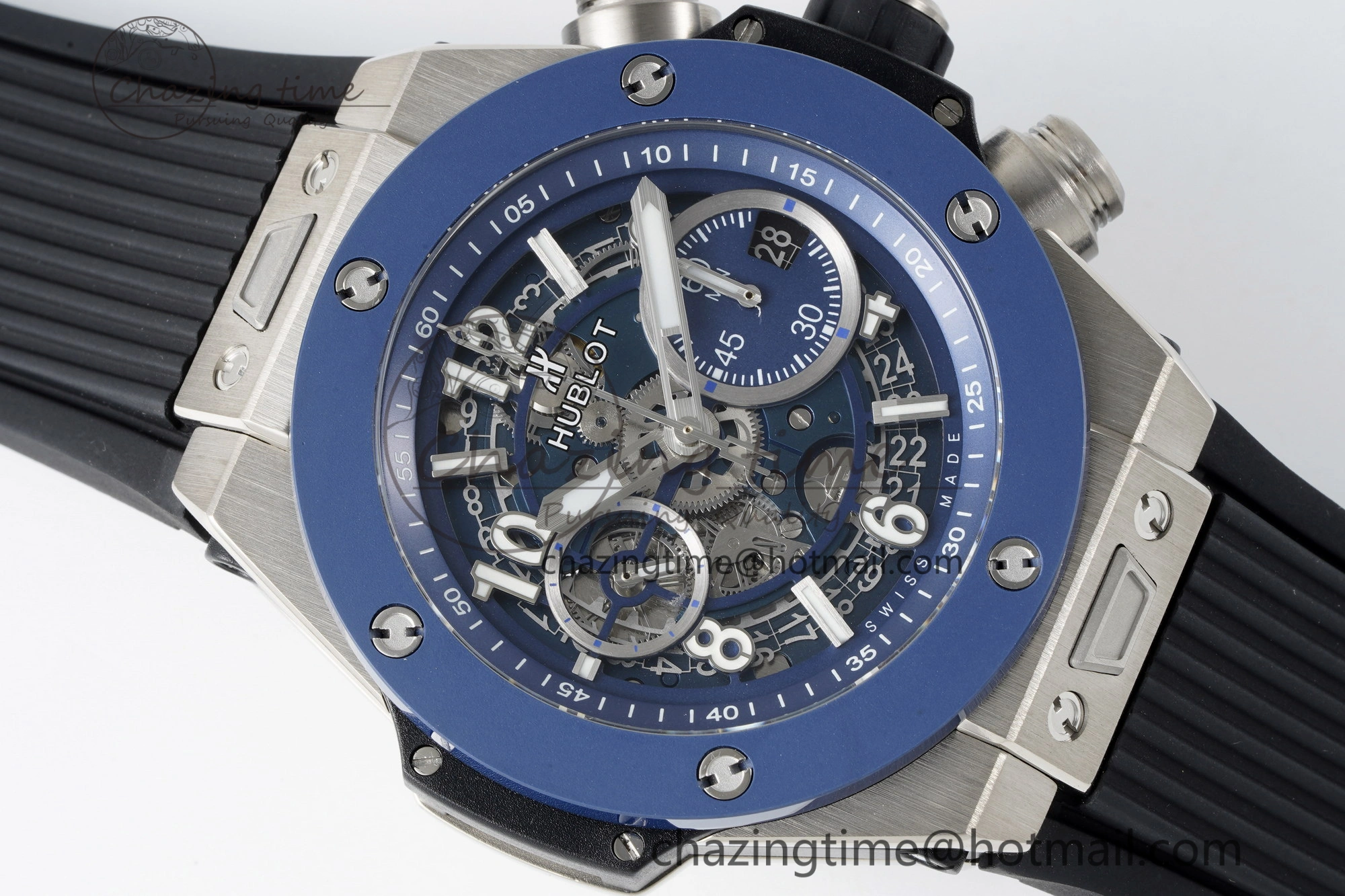 Big Bang Unico SS 45mm BBF 1:1 Best Edition Blue Ceramic Bezel Skeleton Dial on Black Rubber Strap A FreshLook 6758