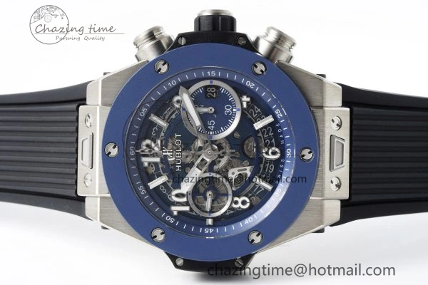 Big Bang Unico SS 45mm BBF 1:1 Best Edition Blue Ceramic Bezel Skeleton Dial on Black Rubber Strap A FreshLook 6758
