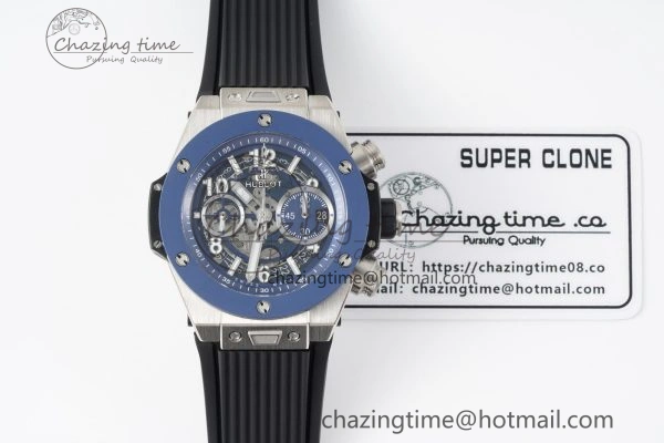 Big Bang Unico SS 45mm BBF 1:1 Best Edition Blue Ceramic Bezel Skeleton Dial on Black Rubber Strap A FreshLook 6758