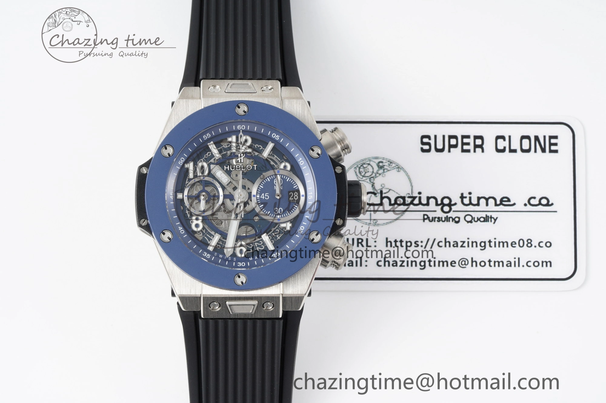 Big Bang Unico SS 45mm BBF 1:1 Best Edition Blue Ceramic Bezel Skeleton Dial on Black Rubber Strap A FreshLook 6758