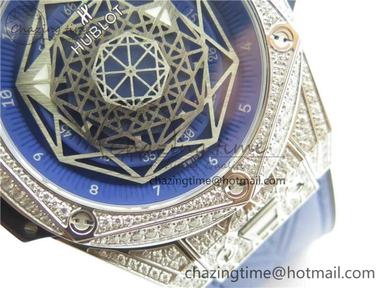 EasyMatch Big Bang Unico Sang Bleu Titanium Diamonds HBF Skeleton Dial on Blue Gummy Strap HUB 6817
