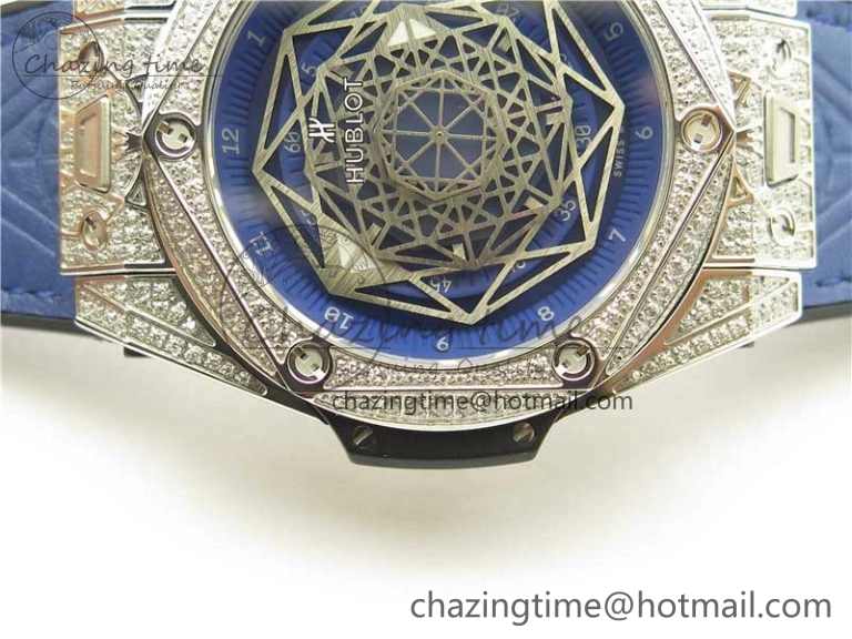 EasyMatch Big Bang Unico Sang Bleu Titanium Diamonds HBF Skeleton Dial on Blue Gummy Strap HUB 6817