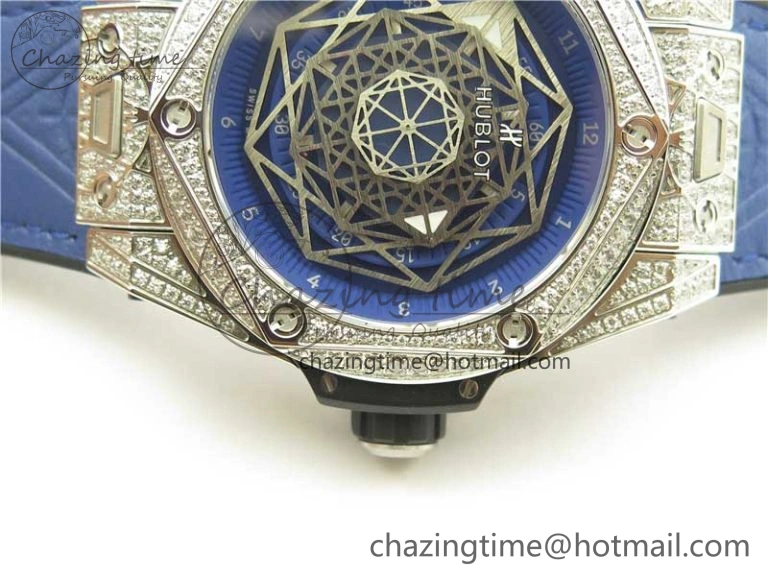 EasyMatch Big Bang Unico Sang Bleu Titanium Diamonds HBF Skeleton Dial on Blue Gummy Strap HUB 6817