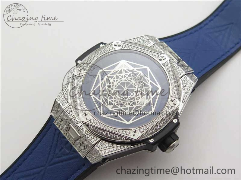 EasyMatch Big Bang Unico Sang Bleu Titanium Diamonds HBF Skeleton Dial on Blue Gummy Strap HUB 6817