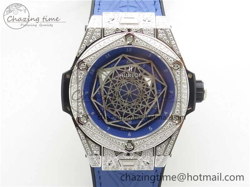 EasyMatch Big Bang Unico Sang Bleu Titanium Diamonds HBF Skeleton Dial on Blue Gummy Strap HUB 6817