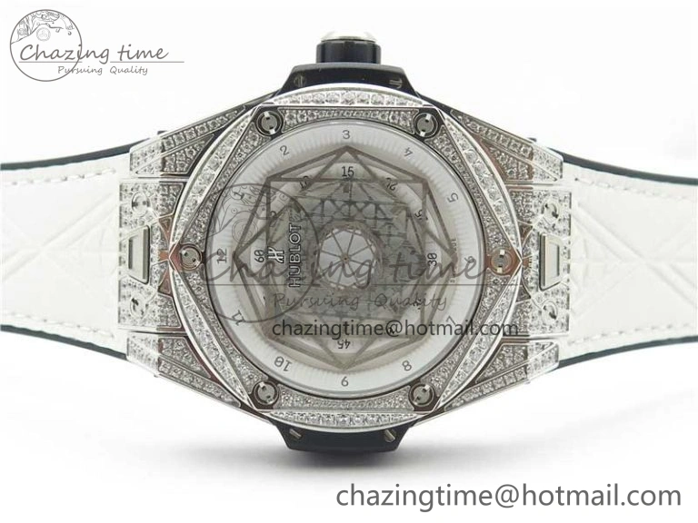 Big Bang Unico Sang Bleu Titanium Diamonds HBF Skeleton Dial on White Gummy Strap HUB FashionForward 6819