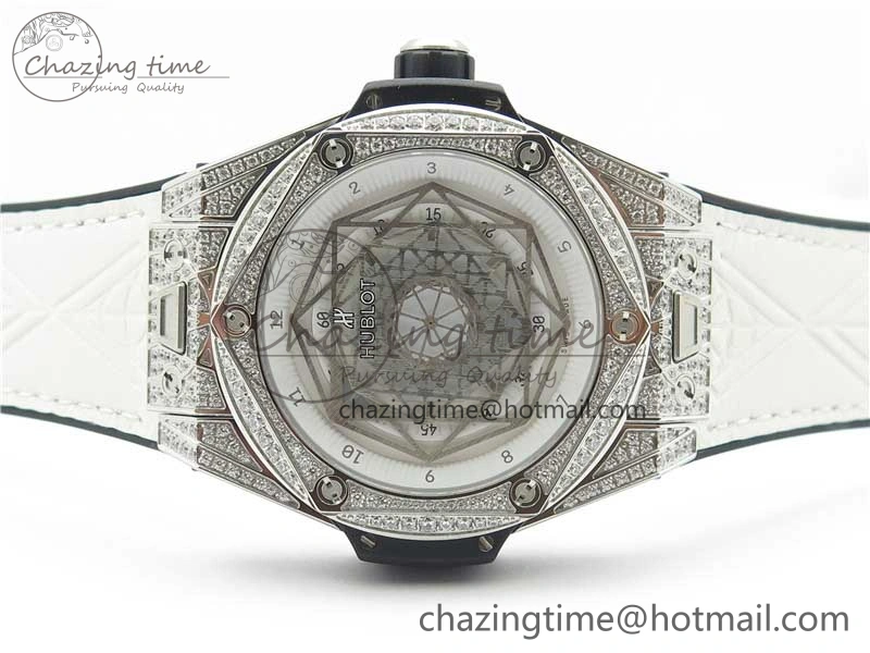 Big Bang Unico Sang Bleu Titanium Diamonds HBF Skeleton Dial on White Gummy Strap HUB FashionForward 6819