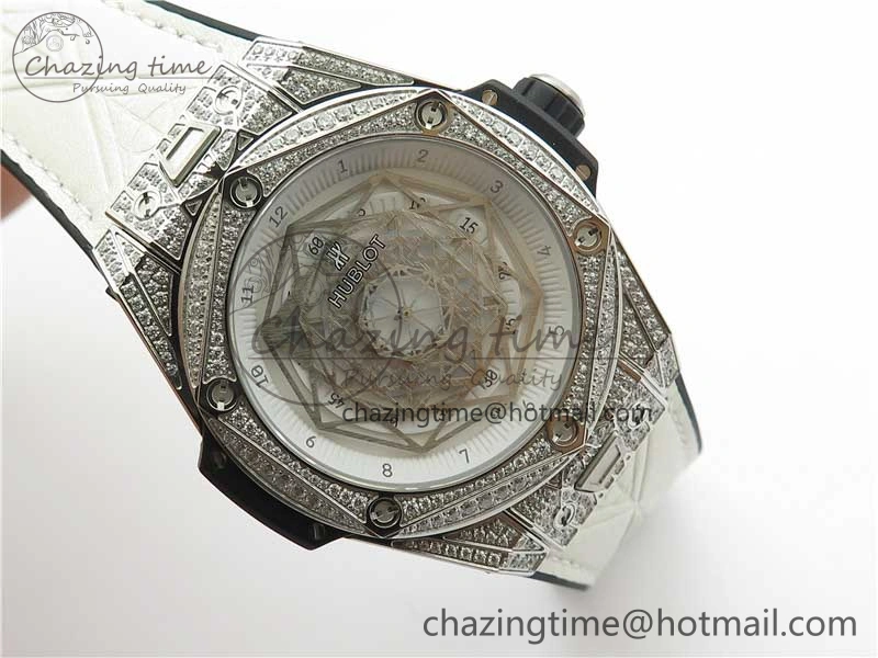 Big Bang Unico Sang Bleu Titanium Diamonds HBF Skeleton Dial on White Gummy Strap HUB FashionForward 6819